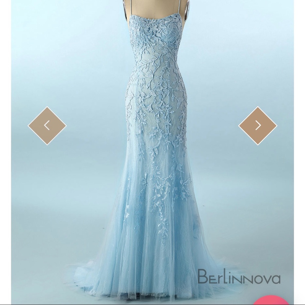 SHERRI HILL LIGHT BLUE LACE PROM DRESS
